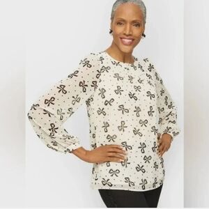 Talbots Black Bow Print Blouse Size Small